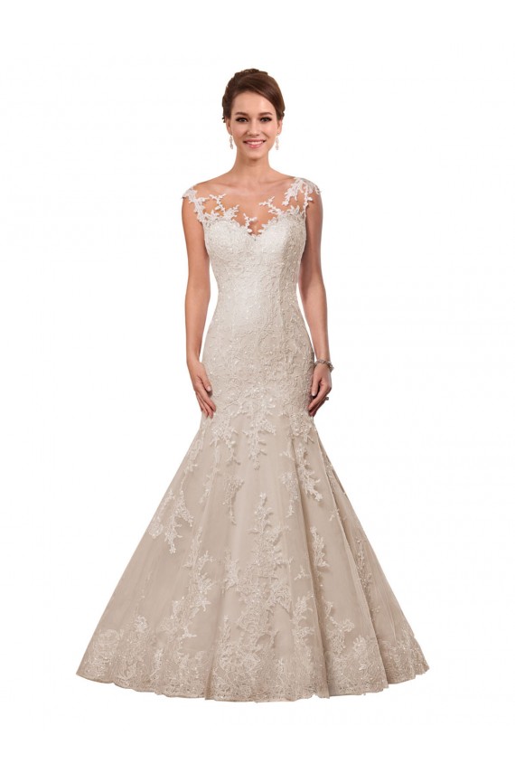 Compre Blanco Sirena Ilusión Cola capilla Encaje Vestidos de novia
