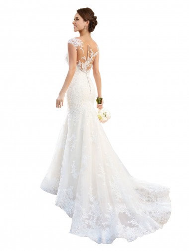 Compre Blanco Sirena Ilusión Cola capilla Encaje Vestidos de novia
