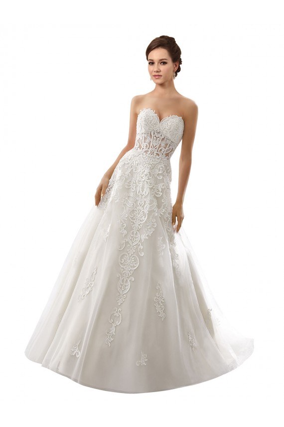 Compre Blanco línea A Cuello de Corazón Cola capilla Tul Encaje Vestidos de novia