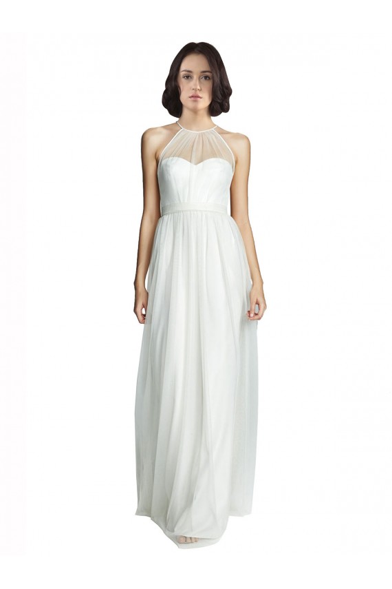 Compre Blanco línea A Halter Cuello Alto Tul Largo Vestidos de dama de honor
