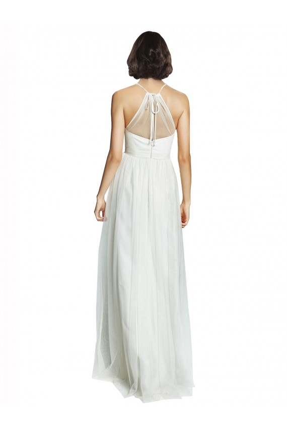 Compre Blanco línea A Halter Cuello Alto Tul Largo Vestidos de dama de honor