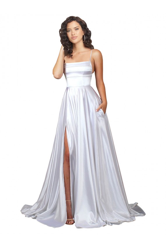 Compre Blanco línea A Tirantes espagueti Satén elástico Sencillo Playa Vestidos de novia
