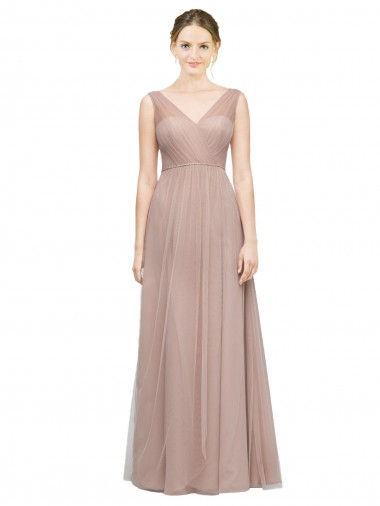 Compre Blush línea A Cuello en V Tul Largo Vestidos de dama de honor