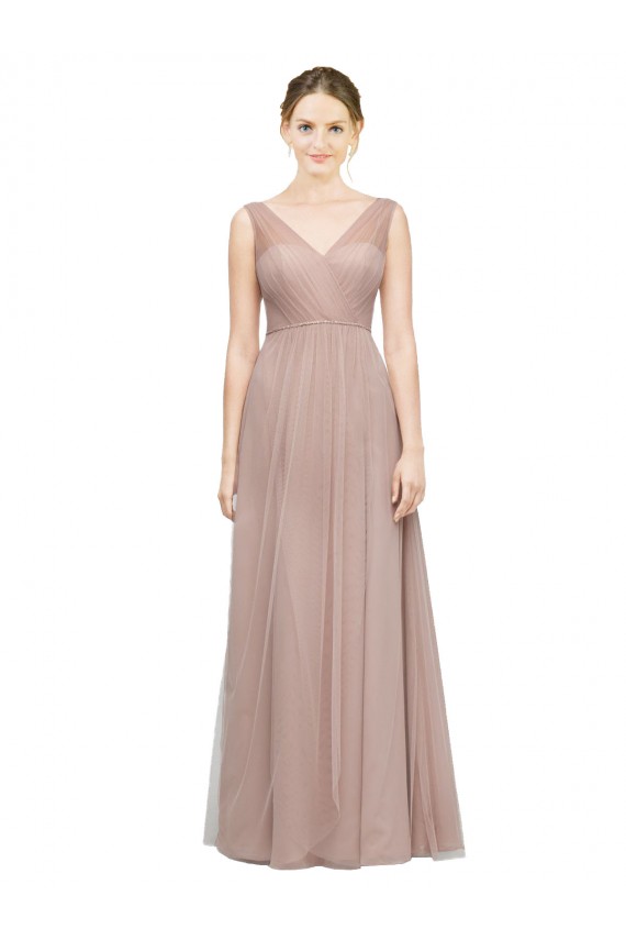 Compre Blush línea A Cuello en V Tul Largo Vestidos de dama de honor