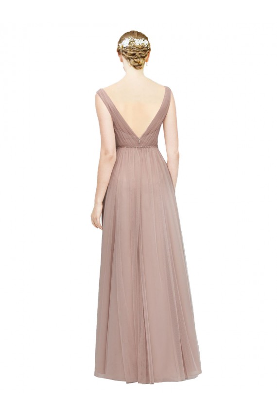 Compre Blush línea A Cuello en V Tul Largo Vestidos de dama de honor