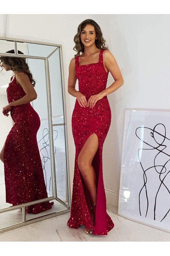 Compre Borgoña Cubierta Cuadrado Lentejuelas Terciopelo Largo Vestidos de fiesta