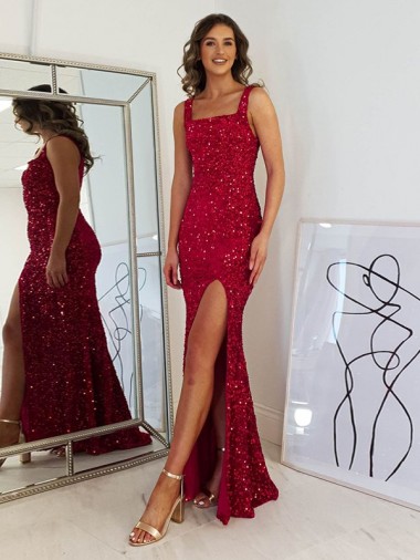 Compre Borgoña Cubierta Cuadrado Lentejuelas Terciopelo Largo Vestidos de fiesta