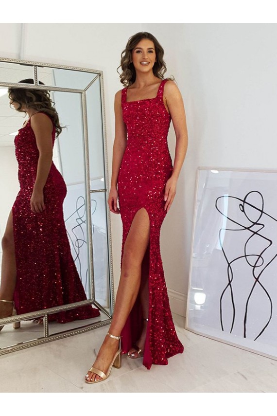 Compre Borgoña Cubierta Cuadrado Lentejuelas Terciopelo Largo Vestidos de fiesta