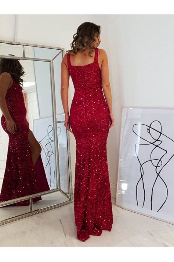 Compre Borgoña Cubierta Cuadrado Lentejuelas Terciopelo Largo Vestidos de fiesta