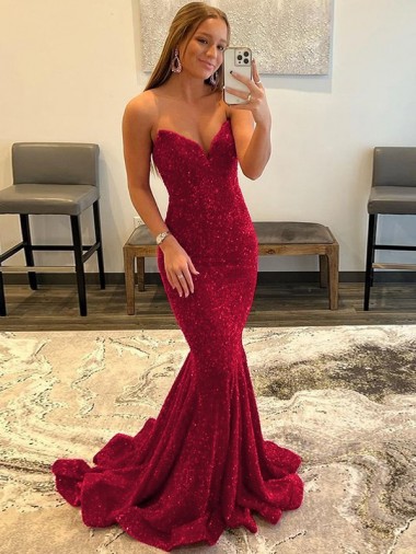 Compre Borgoña Cubierta Cuello de Corazón Barrer tren Lentejuelas Terciopelo Largo Vestidos de fiesta