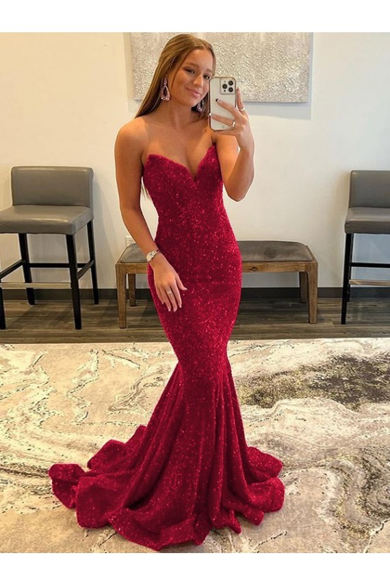 Compre Borgoña Cubierta Cuello de Corazón Barrer tren Lentejuelas Terciopelo Largo Vestidos de fiesta