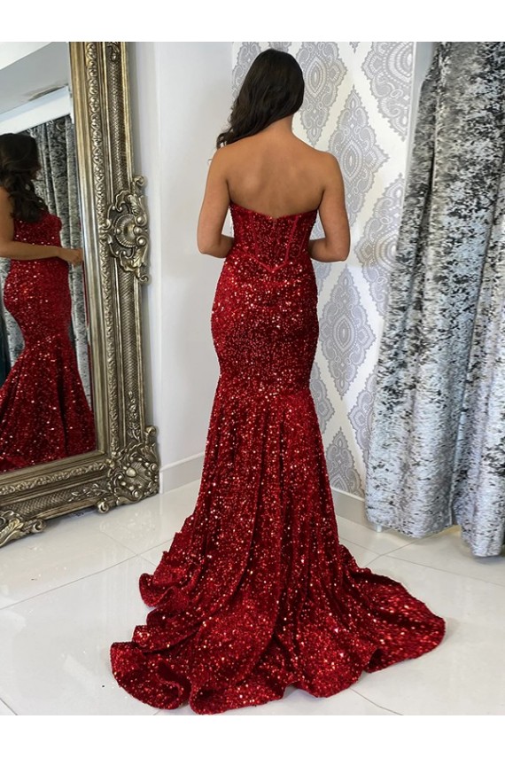 Compre Borgoña Cubierta Cuello de Corazón Cola corte Lentejuelas Terciopelo Largo Vestidos de fiesta