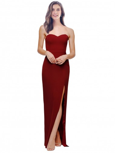 Compre Borgoña Cubierta Cuello de Corazón Crepé Elástico Largo Formales Vestidos de dama de honor / Vestidos de fiesta