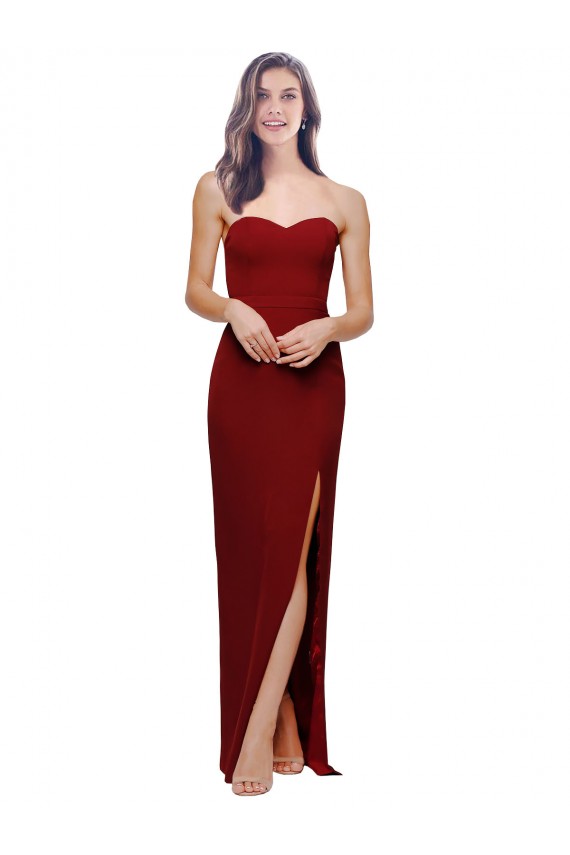 Compre Borgoña Cubierta Cuello de Corazón Crepé Elástico Largo Formales Vestidos de dama de honor / Vestidos de fiesta