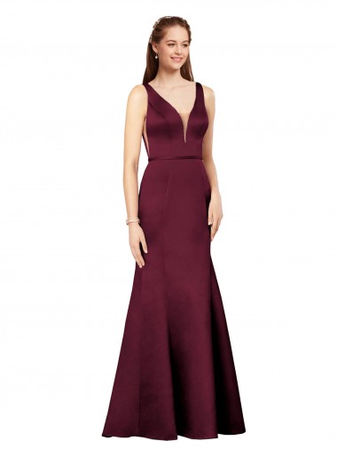 Compre Borgoña Cubierta Cuello en V Satén Largo Formales Vestidos de dama de honor / Vestidos de fiesta