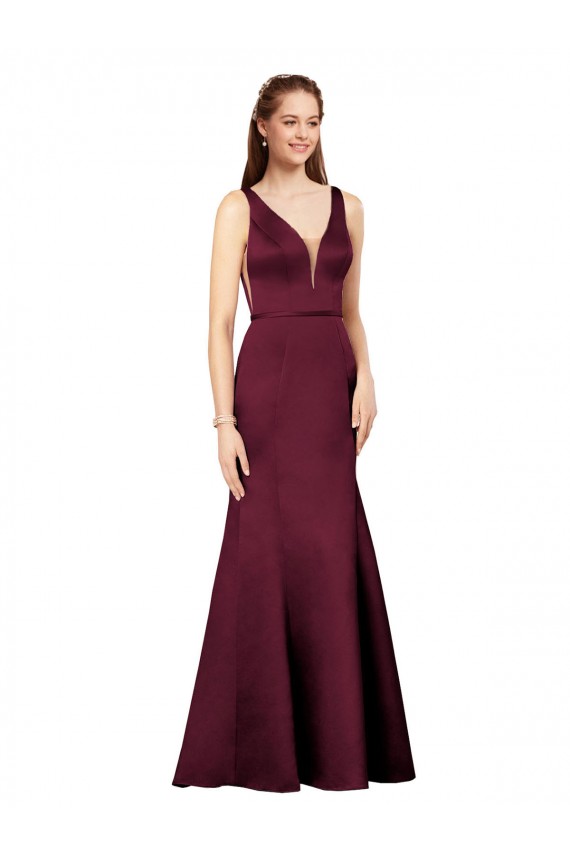 Compre Borgoña Cubierta Cuello en V Satén Largo Formales Vestidos de dama de honor / Vestidos de fiesta
