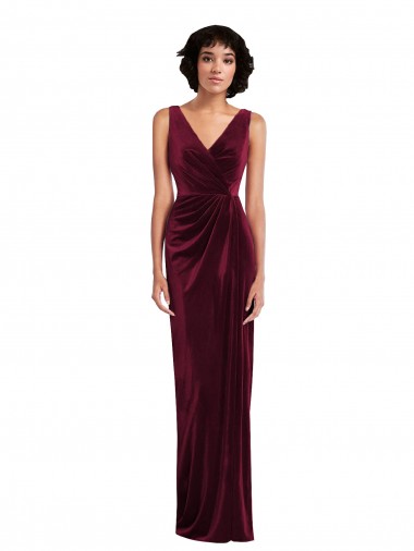 Compre Borgoña Cubierta Cuello en V Terciopelo Elástico Largo Vestidos de dama de honor / Vestidos de fiesta