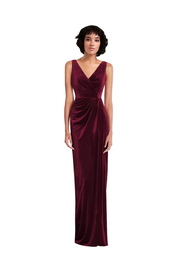 Compre Borgoña Cubierta Cuello en V Terciopelo Elástico Largo Vestidos de dama de honor / Vestidos de fiesta