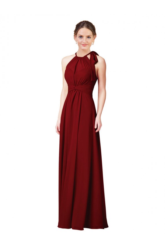 Compre Borgoña Cubierta Halter Gasa Largo Vestidos de dama de honor