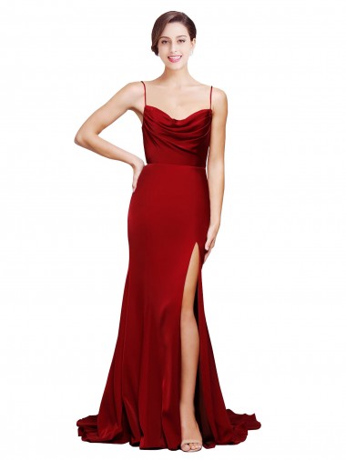Compre Borgoña Cubierta Tirantes espagueti Barrer tren Satén elástico Largo Formales Vestidos de dama de honor / Vestidos de fiesta