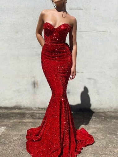 Compre Borgoña Sirena Cuello de Corazón Cola corte Lentejuelas Terciopelo Largo Vestidos de fiesta