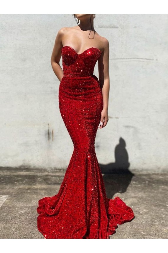 Compre Borgoña Sirena Cuello de Corazón Cola corte Lentejuelas Terciopelo Largo Vestidos de fiesta