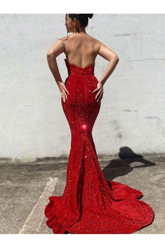 Compre Borgoña Sirena Cuello de Corazón Cola corte Lentejuelas Terciopelo Largo Vestidos de fiesta