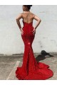 Compre Borgoña Sirena Cuello de Corazón Cola corte Lentejuelas Terciopelo Largo Vestidos de fiesta