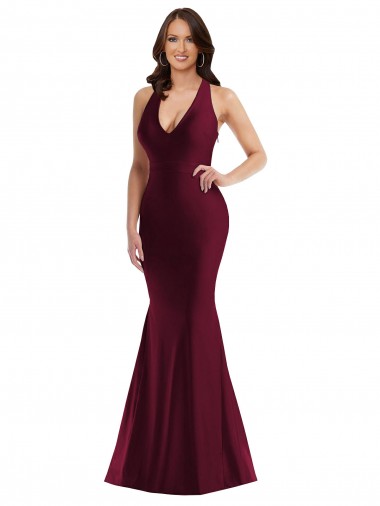 Compre Borgoña Sirena Cuello en V Satén sedoso Largo Formales Vestidos de dama de honor / Vestidos de fiesta