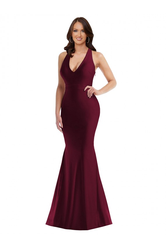 Compre Borgoña Sirena Cuello en V Satén sedoso Largo Formales Vestidos de dama de honor / Vestidos de fiesta