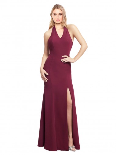 Compre Borgoña Sirena Halter Gasa Largo Vestidos de dama de honor
