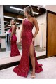 Compre Borgoña Sirena Un Hombre Barrer tren Lentejuelas Terciopelo Largo Vestidos de fiesta