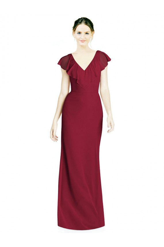Compre Borgoña Trompeta Cuello en V Gasa Largo Vestidos de dama de honor