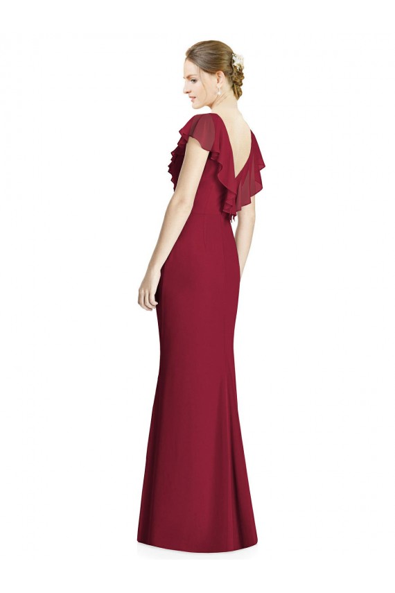 Compre Borgoña Trompeta Cuello en V Gasa Largo Vestidos de dama de honor