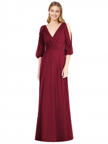 Compre Borgoña Trompeta Cuello en V Gasa Largo Vestidos de dama de honor
