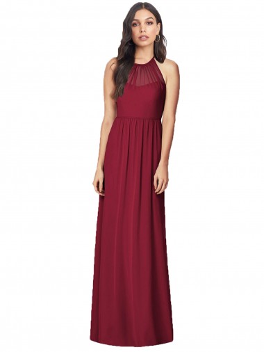 Compre Borgoña Trompeta Halter Gasa Largo Vestidos de dama de honor