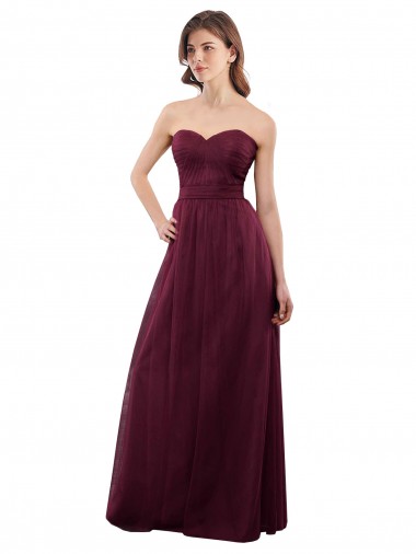 Compre Borgoña línea A Cuello de Corazón Sin tirantes Tul Largo Vestidos de dama de honor