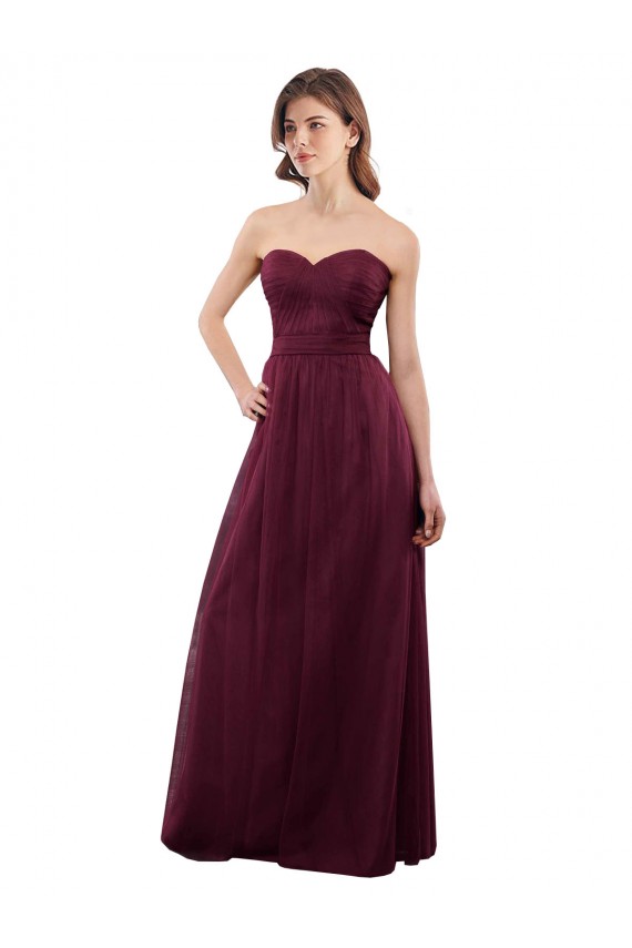 Compre Borgoña línea A Cuello de Corazón Sin tirantes Tul Largo Vestidos de dama de honor
