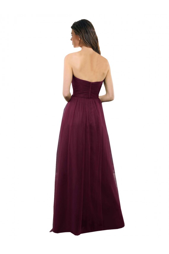 Compre Borgoña línea A Cuello de Corazón Sin tirantes Tul Largo Vestidos de dama de honor