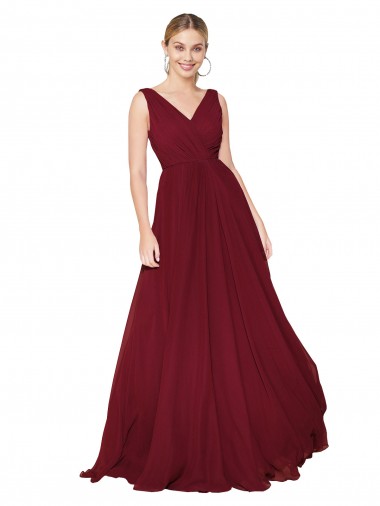 Compre Borgoña línea A Cuello en V Cuello Alto Gasa Largo Formales Vestidos de dama de honor / Vestidos de fiesta