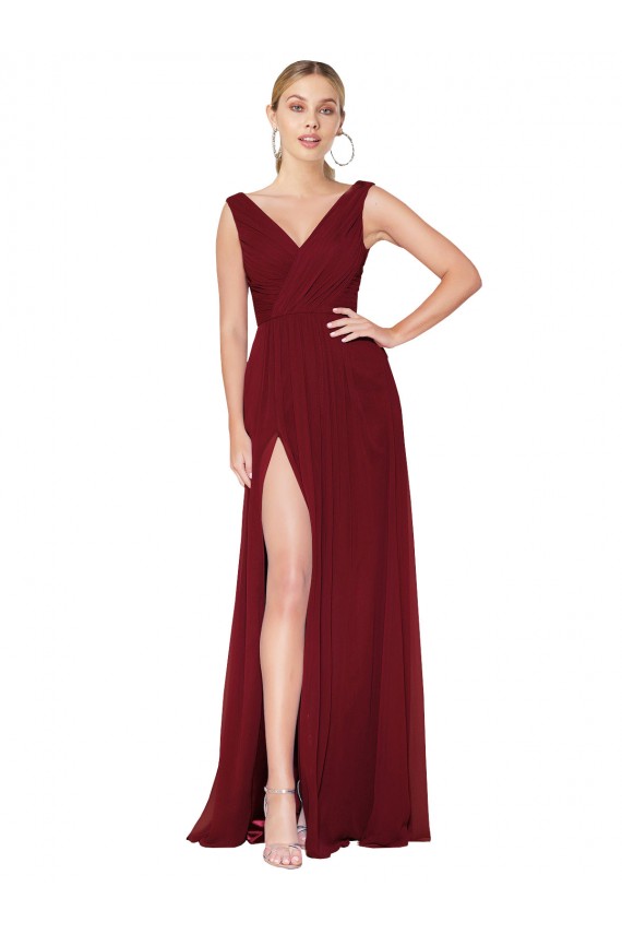 Compre Borgoña línea A Cuello en V Cuello Alto Gasa Largo Formales Vestidos de dama de honor / Vestidos de fiesta