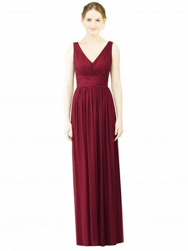 Compre Borgoña línea A Cuello en V Gasa Largo Vestidos de dama de honor