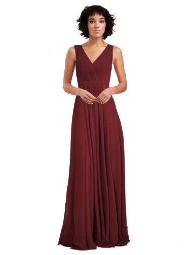 Compre Borgoña línea A Cuello en V Gasa Largo Vestidos de dama de honor