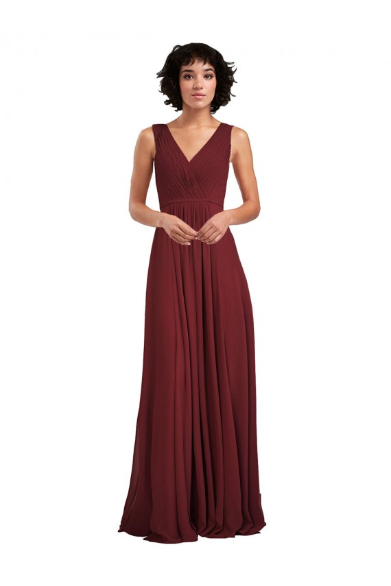 Compre Borgoña línea A Cuello en V Gasa Largo Vestidos de dama de honor