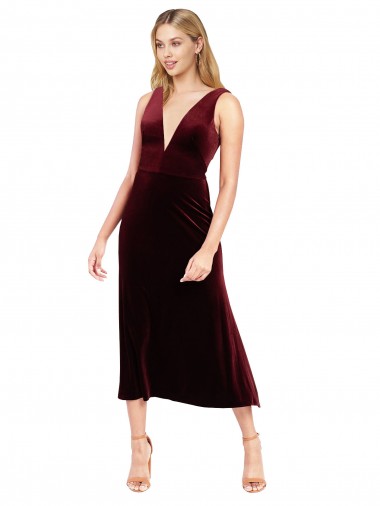Compre Borgoña línea A Cuello en V Midi Terciopelo Elástico Corto Vestidos de dama de honor / Vestidos de fiesta / Vestidos de cóctel