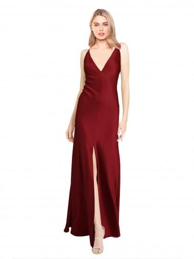 Compre Borgoña línea A Cuello en V Satén elástico Largo Formales Vestidos de dama de honor / Vestidos de fiesta