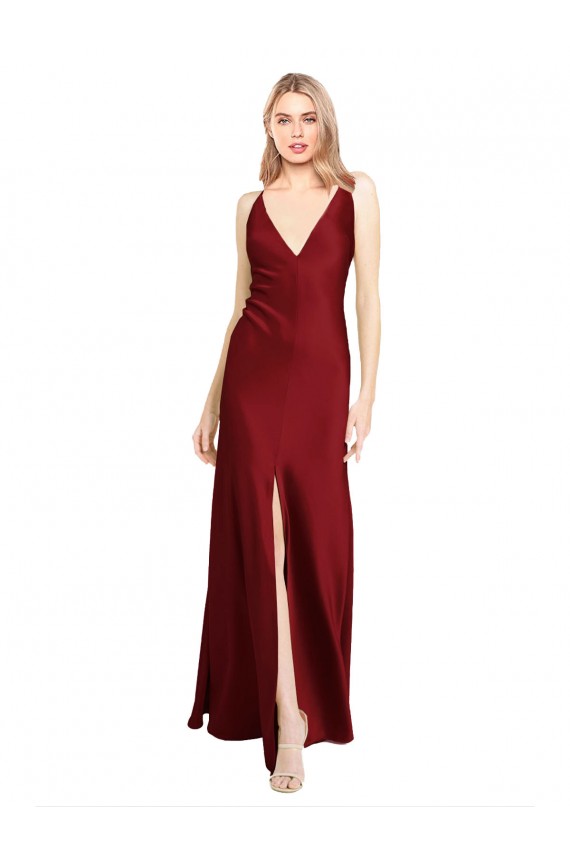 Compre Borgoña línea A Cuello en V Satén elástico Largo Formales Vestidos de dama de honor / Vestidos de fiesta
