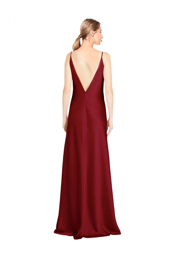 Compre Borgoña línea A Cuello en V Satén elástico Largo Formales Vestidos de dama de honor / Vestidos de fiesta