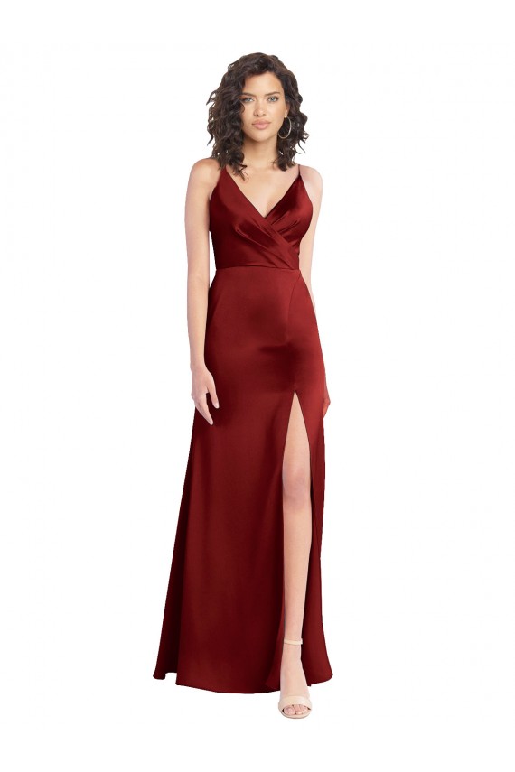 Compre Borgoña línea A Cuello en V Satén elástico Largo Formales Vestidos de dama de honor / Vestidos de fiesta