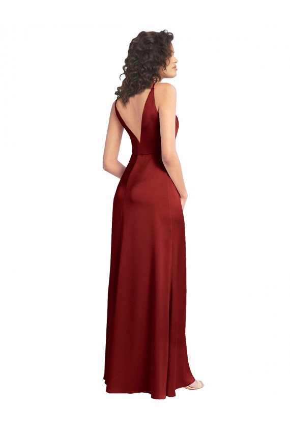 Compre Borgoña línea A Cuello en V Satén elástico Largo Formales Vestidos de dama de honor / Vestidos de fiesta